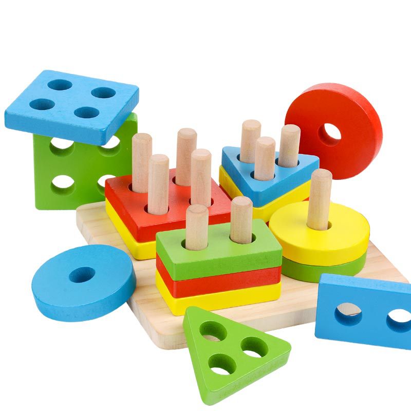 Crianças Quatro Post Modelagem Geométrica Blocos De Construção Brinquedos Montessori Jigsaw Puzzle Ensino Aids Crianças Brinquedos De Madeira