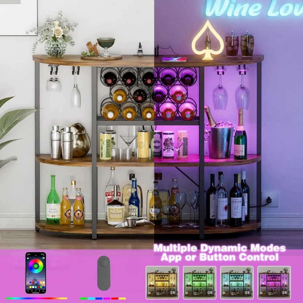 Wine Bar Cabinet for Liquor Bar Table Bar Cabinet with Lights and Outlet 4-Tier Storage Freestanding Wine Racks