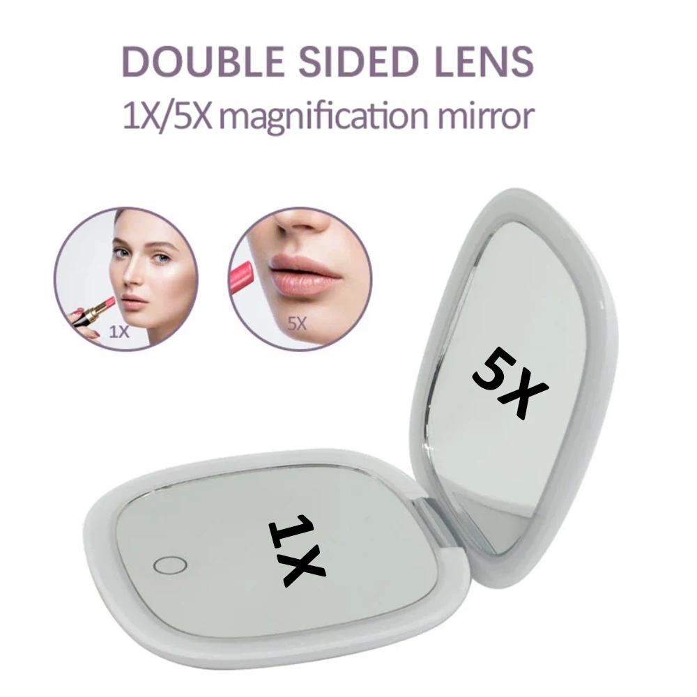 2 얼굴 측면 터치 컴팩트 Led 3 색 미니 접이식 화장품 충전 메이크업 거울 빛 5X 돋보기 작은 주머니 여행
