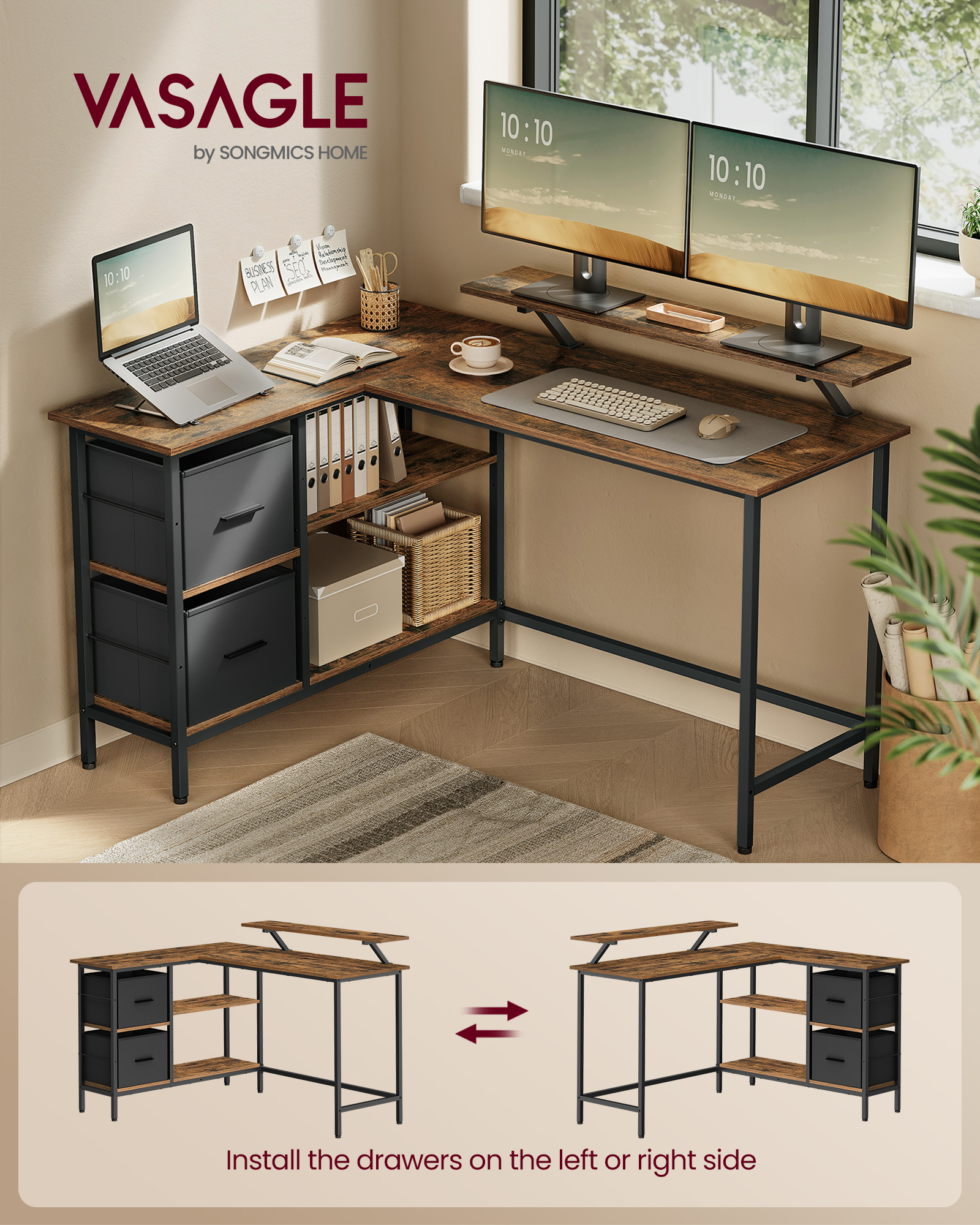 VASAGLE L-Shaped Desk with 2 Spacious Drawers, Gaming Desk with Monitor Stand, Corner Desk, Computer Desk, 135x105x89cm