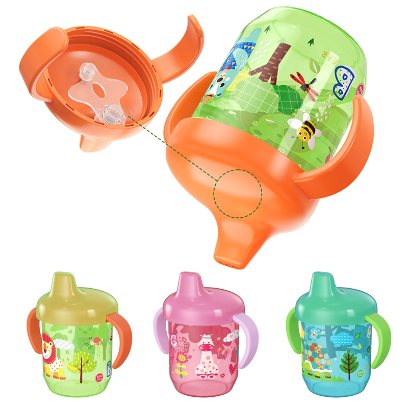 Bonita taza de pico de pato, taza para aprender a beber con doble asa, tapa abatible, sin BPA, a prueba de fugas, botella de agua para bebés con tapa