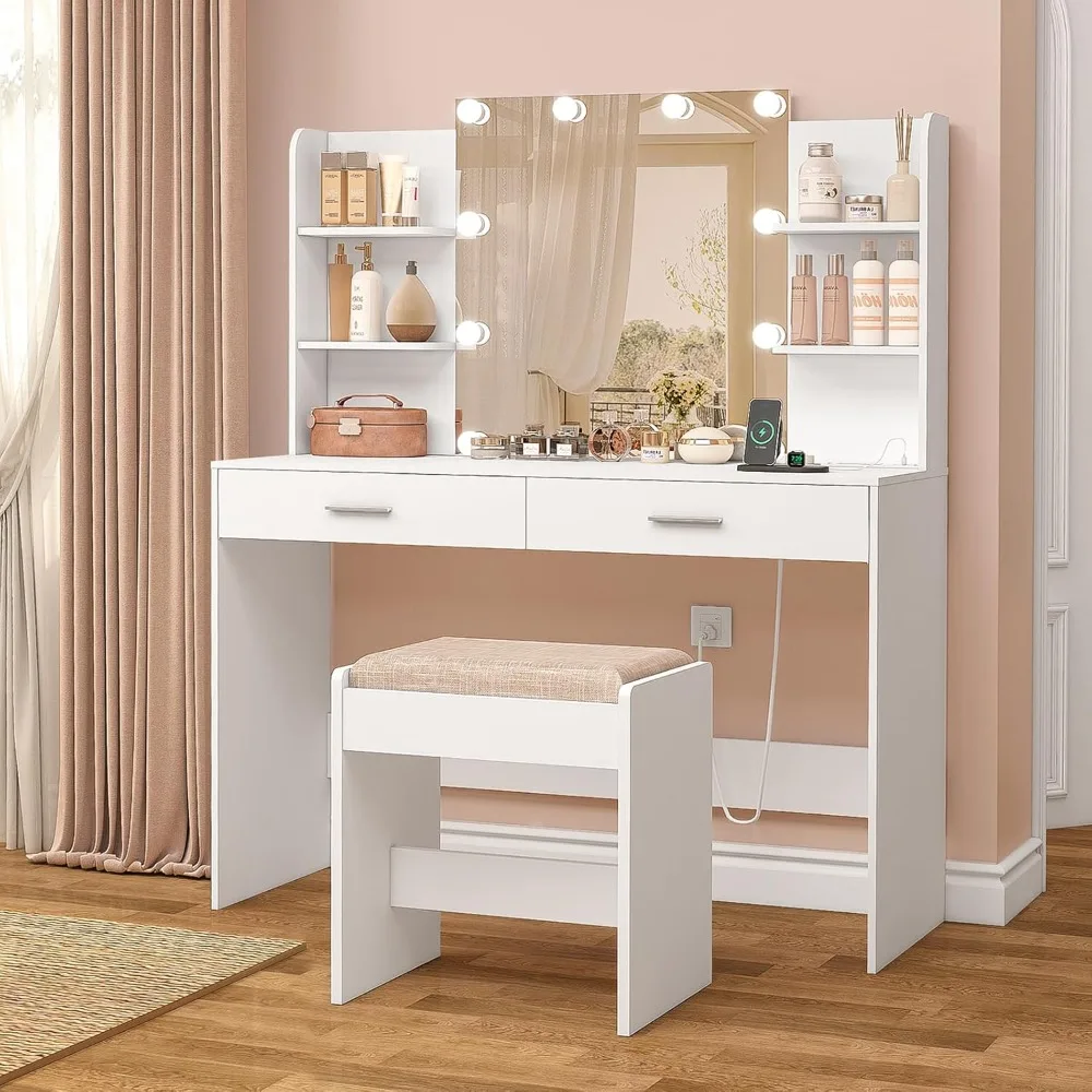 Vanity Desk, Makeup Vanity Desk with Mirror & Lights, Vanity Desk with 2 Drawers & 6 Storage Shelves, Dressing Table with Power