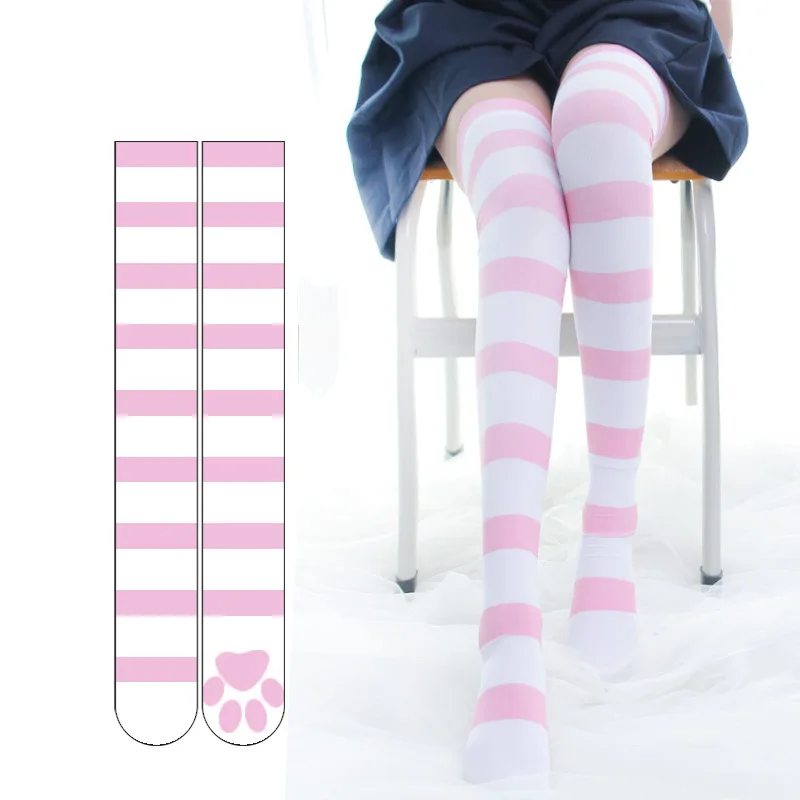 Lolita Overknee-Socken, rosa Streifen, Kawaii-Strümpfe mit Katzenpfoten-Aufdruck, Lolita-Gothic-Samt über dem Knie, oberschenkelhohe JK-lange Strümpfe