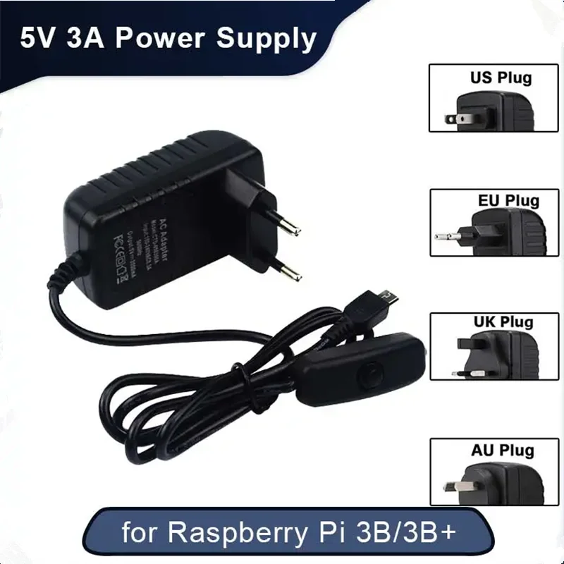 Fonte de alimentação 5V 3A Raspberry Pi 3B + 3B com botão interruptor Adaptador de alimentação Porta micro USB para Pi Zero 2 W Orange Pi Zero 3 LTS