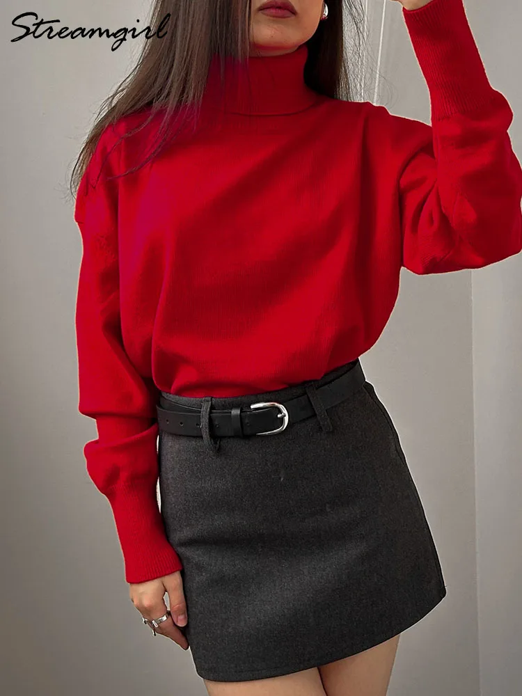 Suéter básico de cuello alto para mujer, jerséis de gran tamaño, color rojo, café, invierno, sueter invierno mujer, pull femmes tendances 2024, pull hiver femme