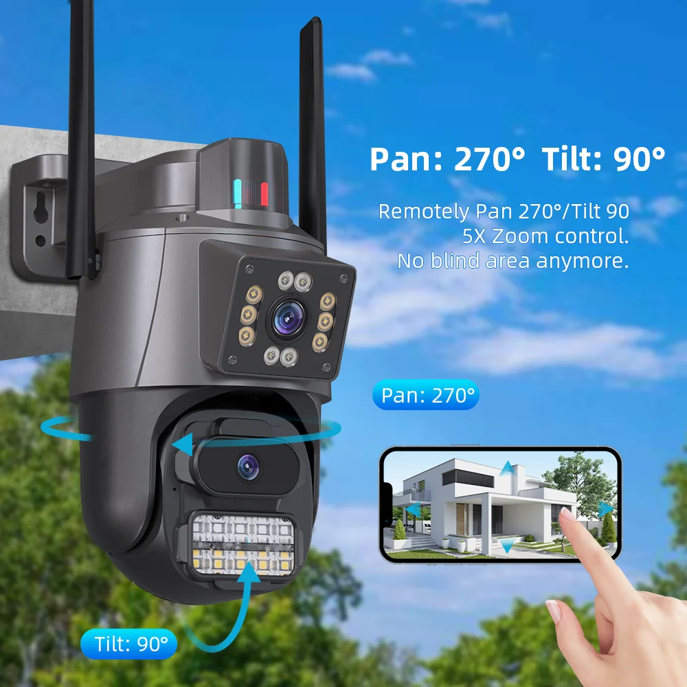 Telecamera WIFI 4K HD a doppio obiettivo Telecamera PTZ a doppio schermo 2K Telecamera di sicurezza con tracciamento automatico esterno Sorveglianza impermeabile ICSEE
