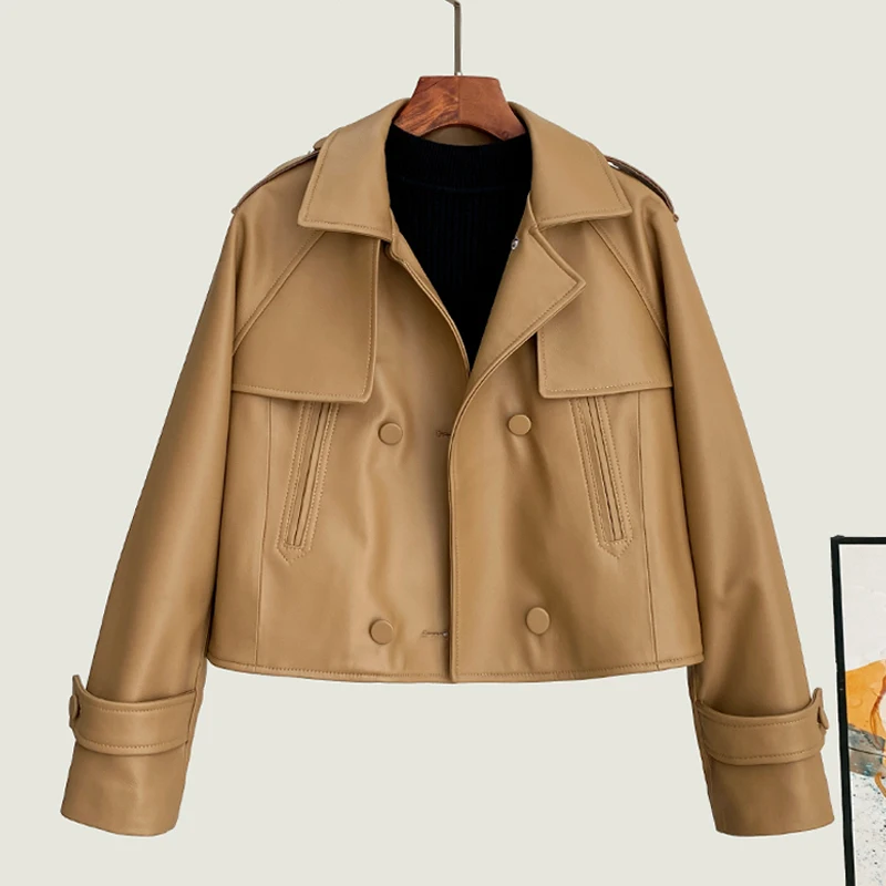 M-3XL Mode Khaki Frauen Echt Leder Schaffell Jacken 2025, Frühling Lose Kurze Mantel Lässig Weiblichen Echten Leder Jacken