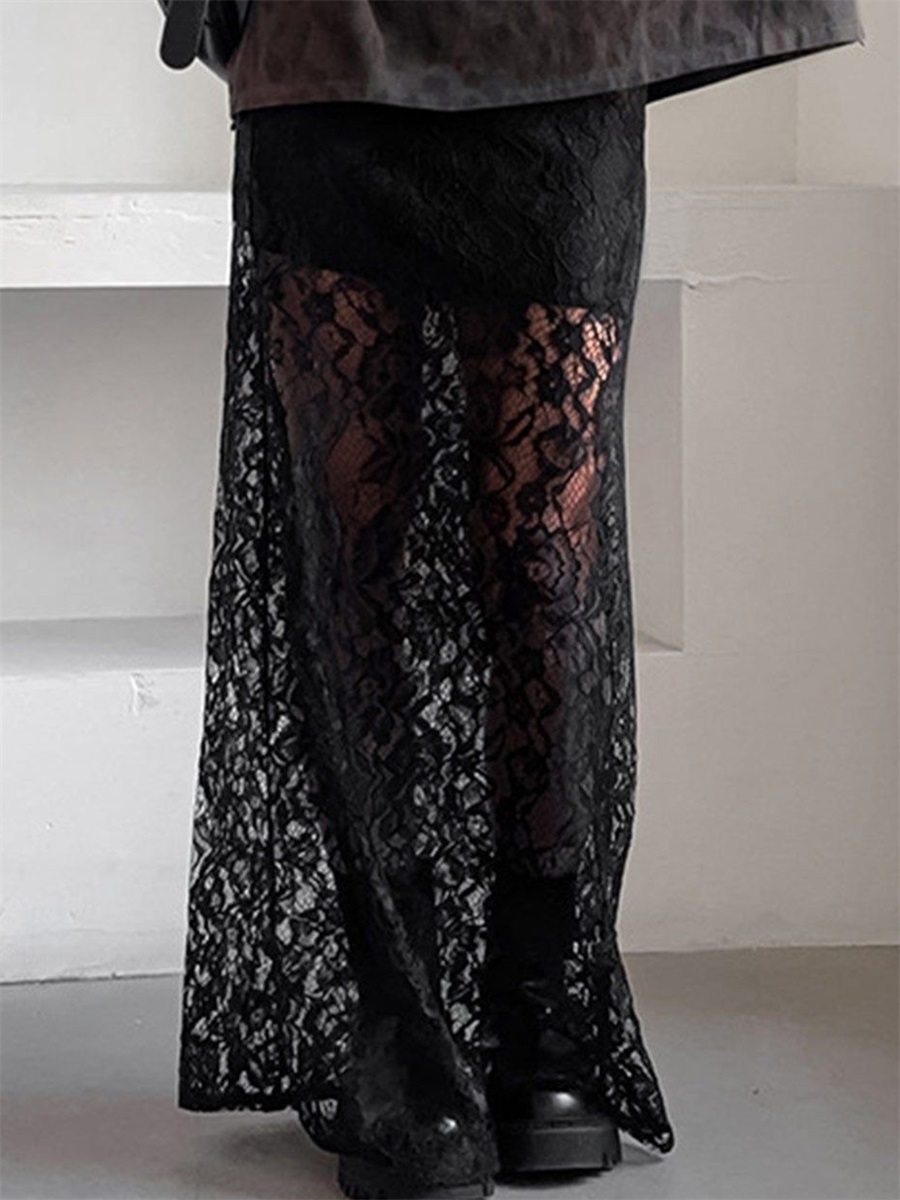 Vrouwen Kant Patchwork Lange Rokken Vintage Hoge Taille Effen Kleur Doorzichtige Maxi Rokken Slanke Rokken Elegante Temperament Rokken