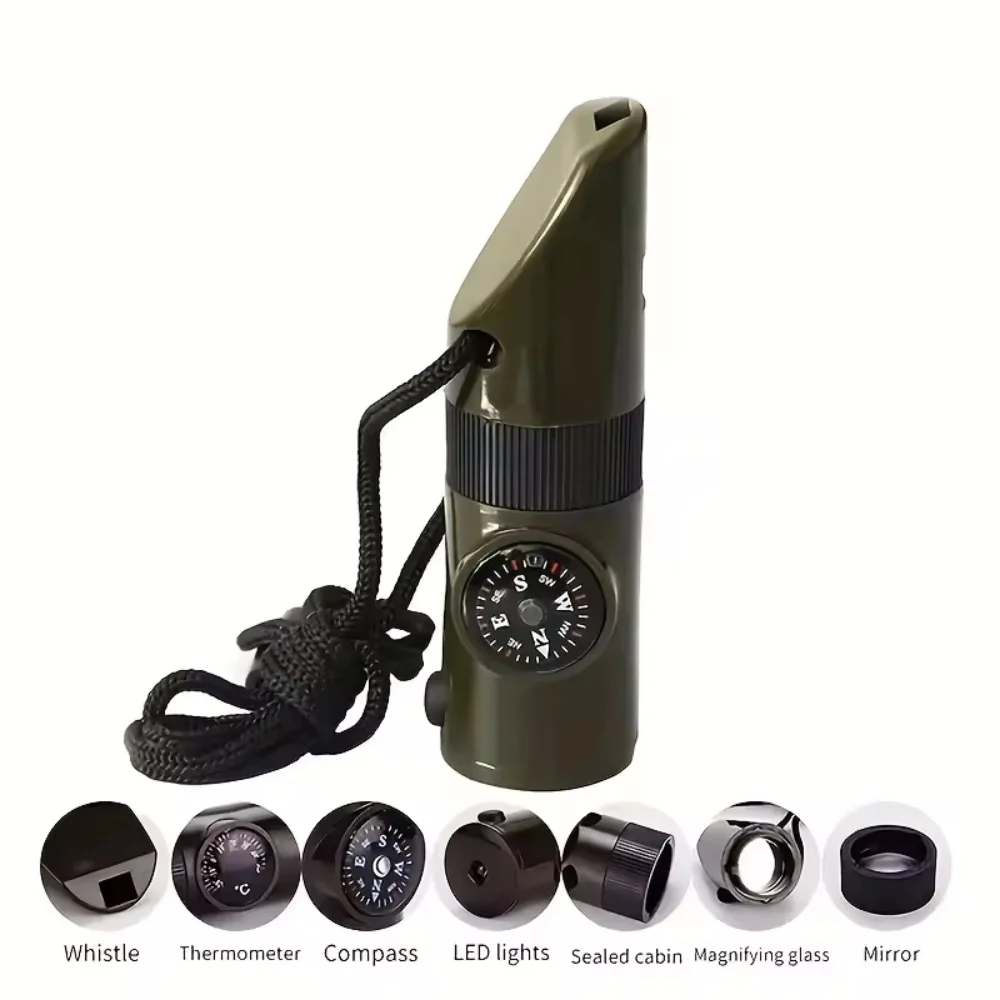 Multifunctioneel overlevingsfluitje Wandelfluit Kompas Spiegel Zaklamp Vergrootglas LED-licht Thermometer Opslag Kompasgereedschap