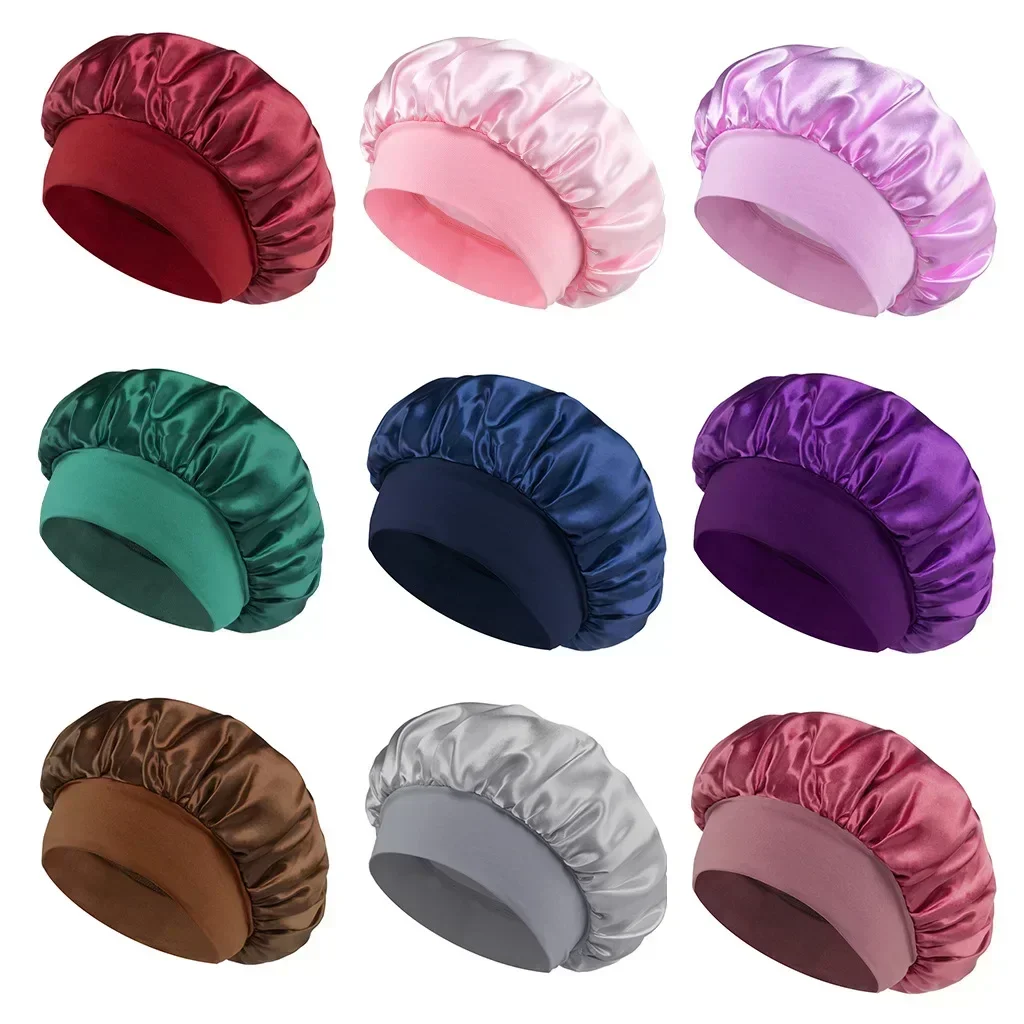 Gorro unisex con banda elástica para la cabeza, gorro de noche con ala, gorro de baño, capó sedoso de satén Extra grande para dormir con banda elástica de primera calidad