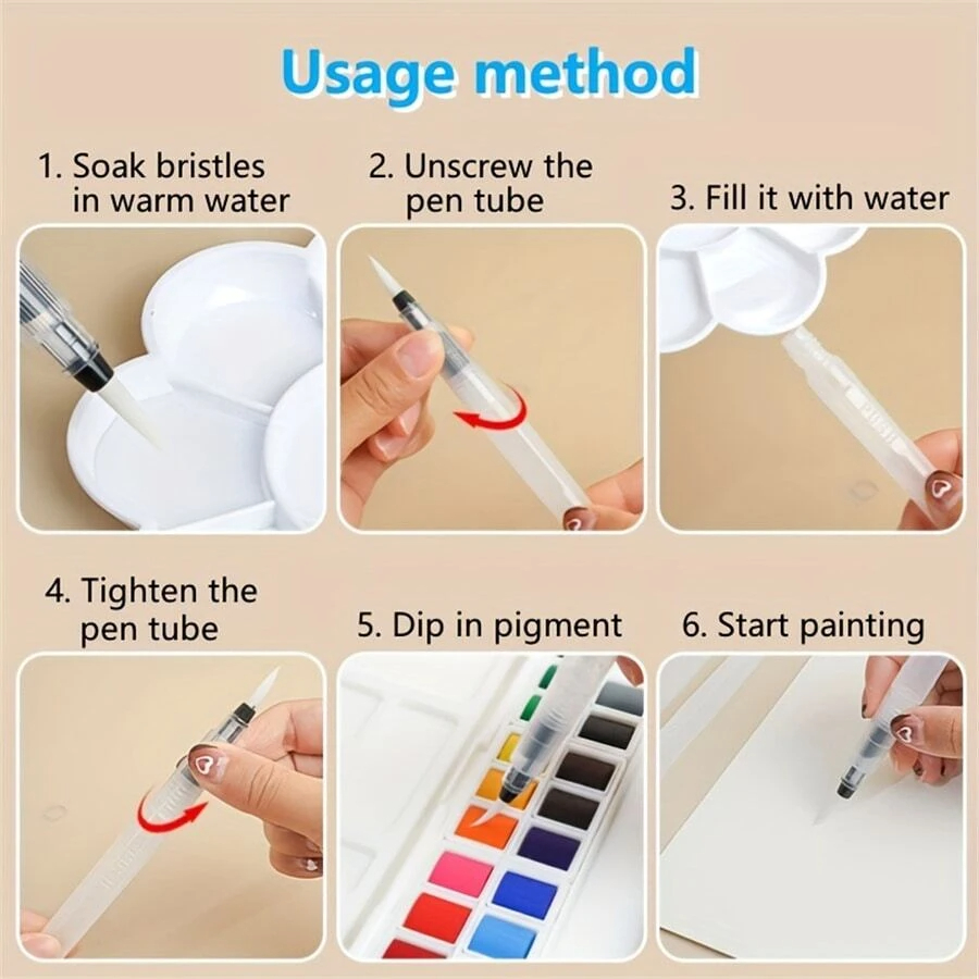 6/12/18Pcs Watercolor Brush Set With White Nylon Hair And Water Storage Function, Art Painting Tool Kit