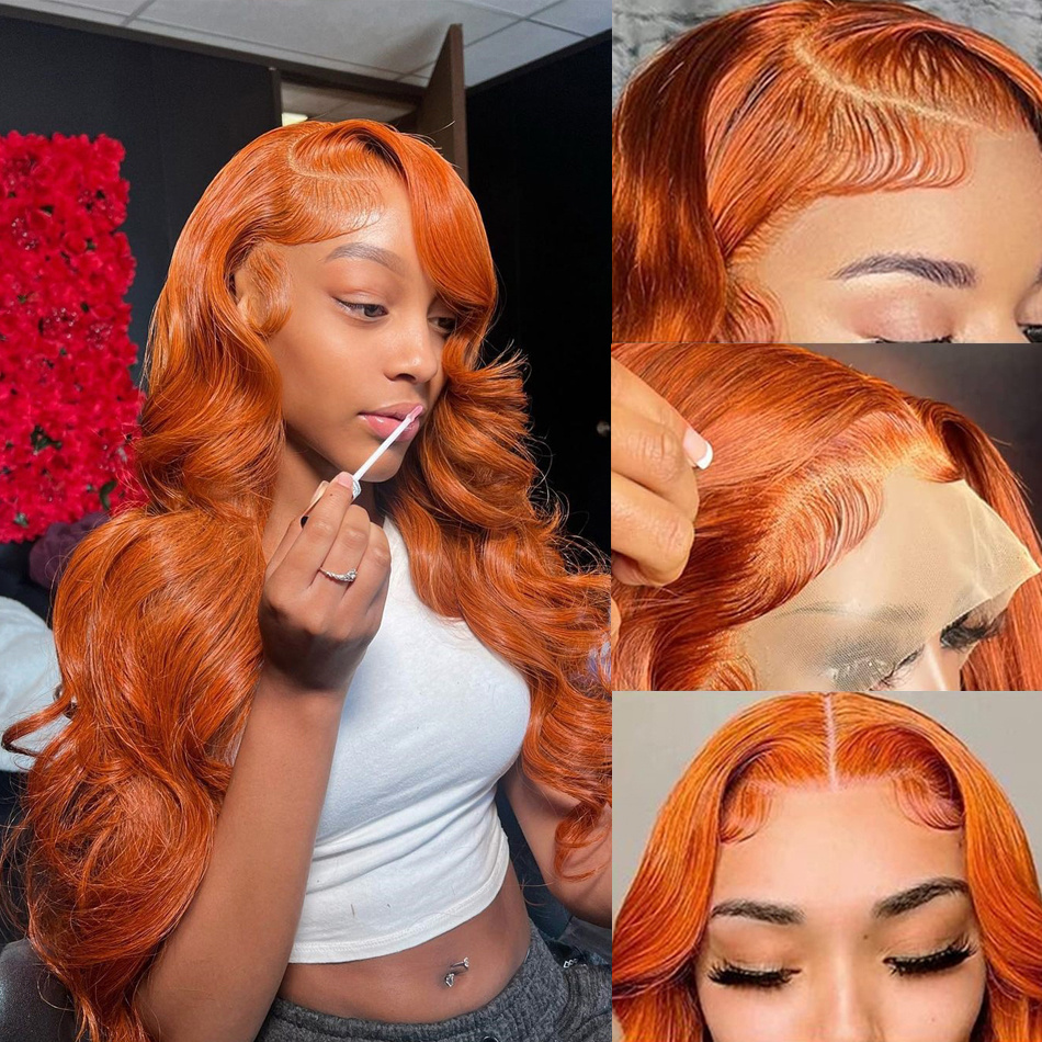 Perruque Lace Front Wig Body Wave naturelle, cheveux humains, HD, 13x6, orange