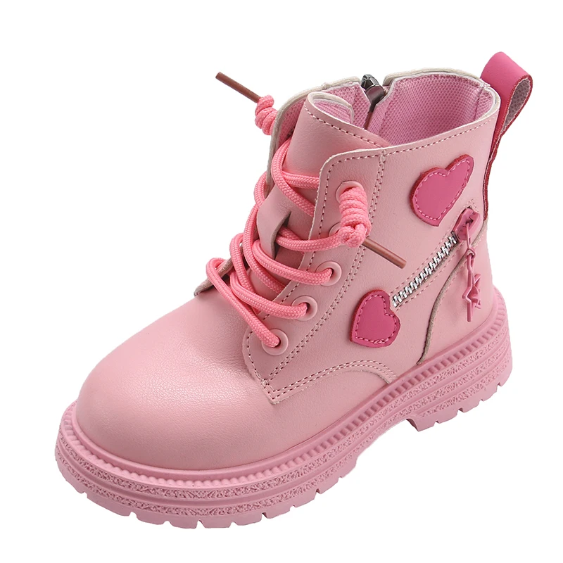 Meninas botas crianças moda botas de borracha legal menina outono e inverno algodão sola macia rosa com amor lado zip princesa dedo do pé redondo plutônio