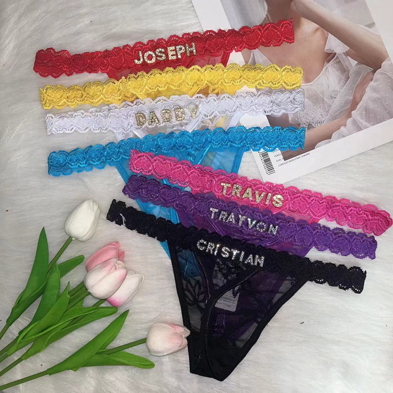 Tanga personalizada com nome personalizado, tangas com letras de strass, renda, roupa íntima personalizada, calcinha g-string, tanga, joia, presente