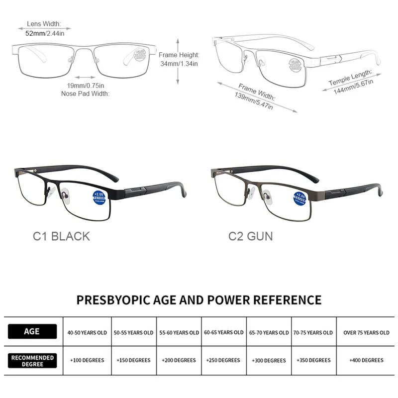 Lunettes de lecture en acier inoxydable pour hommes, presbytes, Anti-lumière bleue, + 1.0 1.5 2.0 2.5 3 3.5 4.0