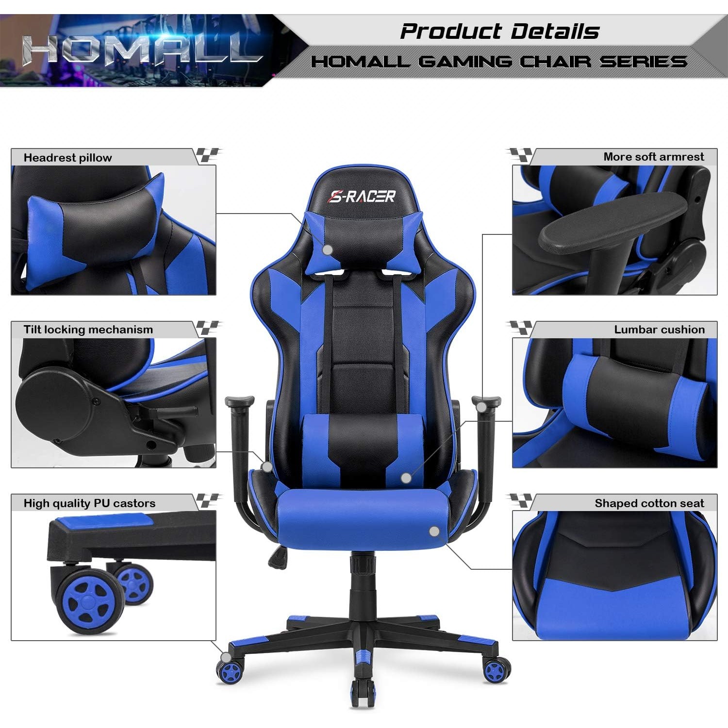 Gaming Executive Ergonomic Adjustable Swivel Task Chair with Headrest and Lumbar Support，19.8"D x 20.5"W x 47.8"H