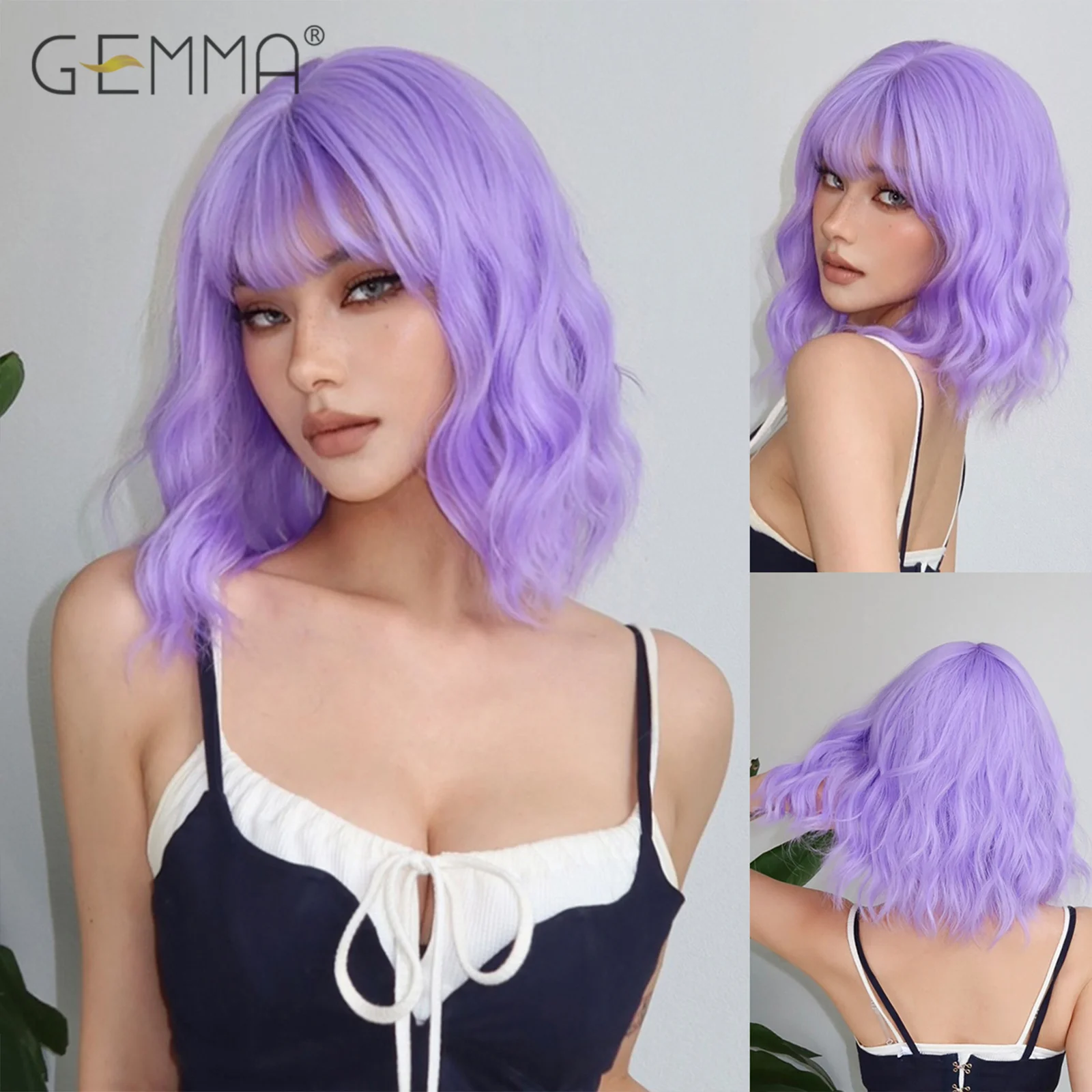 Długa na ramię jasnofioletowa syntetyczna peruka kręcona z grzywką dla kobiet Krótkie faliste peruki na imprezę Cosplay Naturalne włosy Odporne na ciepło