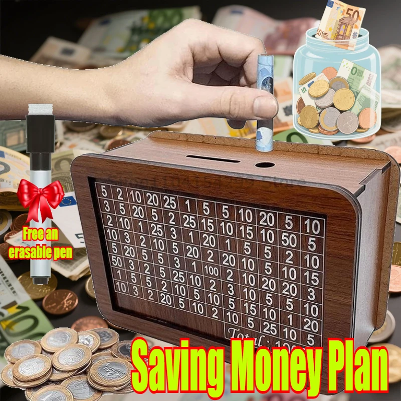 1000/3000/5000/10000 Euro Money Box Wooden Piggy Bank Reusable Money Vault Savings Box Challenge Cash Storage Case Children