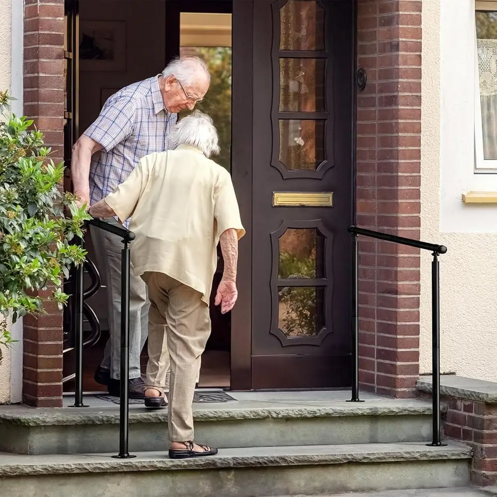 2 Pack Outdoor Stair Handrails 2 or 3 Step Stairs Adjustable Wrought Iron Metal Hand Rail Kit Waterproof Durable Easy Install