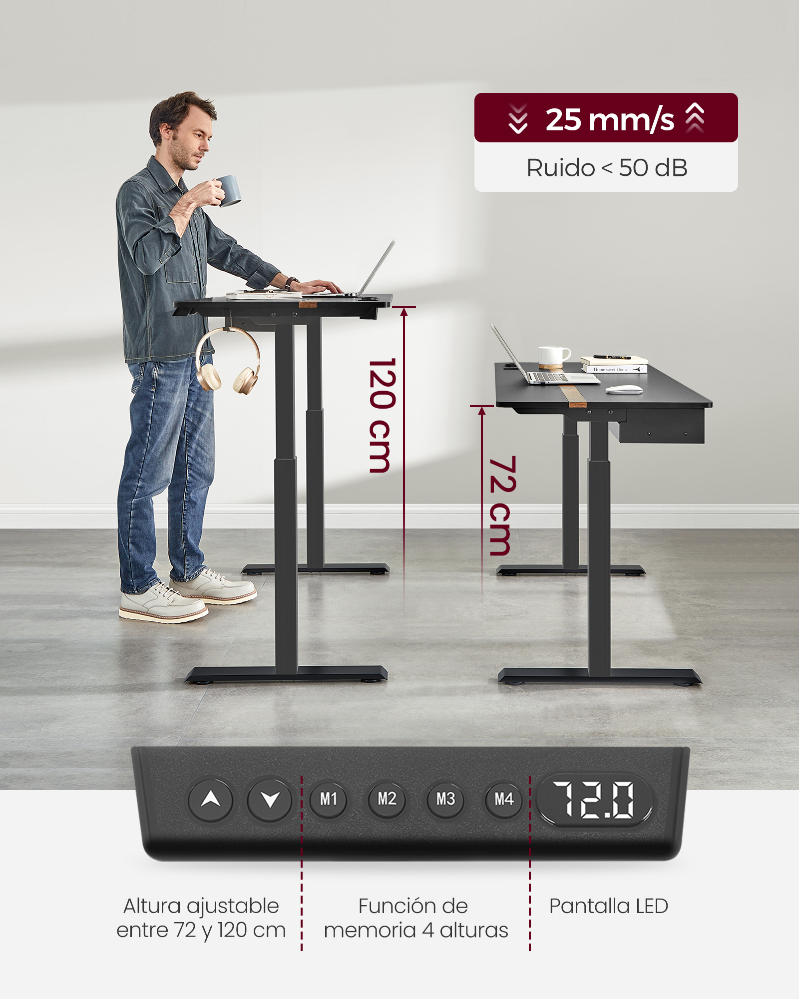 VASAGLE Height Adjustable Desk: 60 x 140 cm Worktop, Socket, Drawer. Continuous Adjustment, 4 Height Memory Functions.