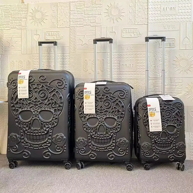 Maleta de calavera 3D, equipaje rodante de cabina con ruedas, Juego de 3 maletas, caja de carro, bloqueo de aduana TSA, 20/24/28 pulgadas, nueva moda