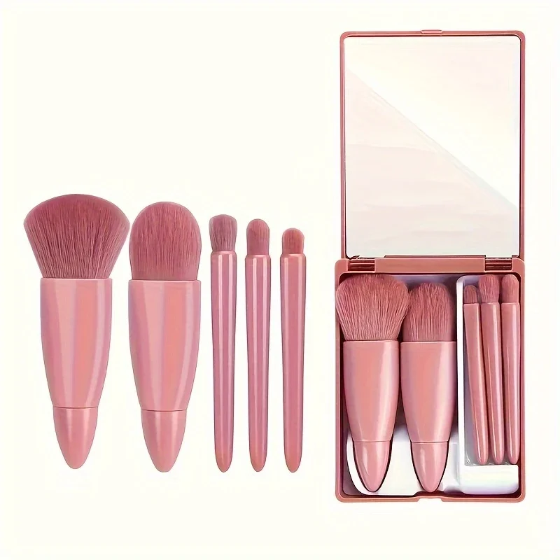 5 PCs Cosmetic Brush Portable Makeup Brush Travel With Mirror Box Makeup Set Brush Loose Brush Blush Brush Eyeshadow Brush