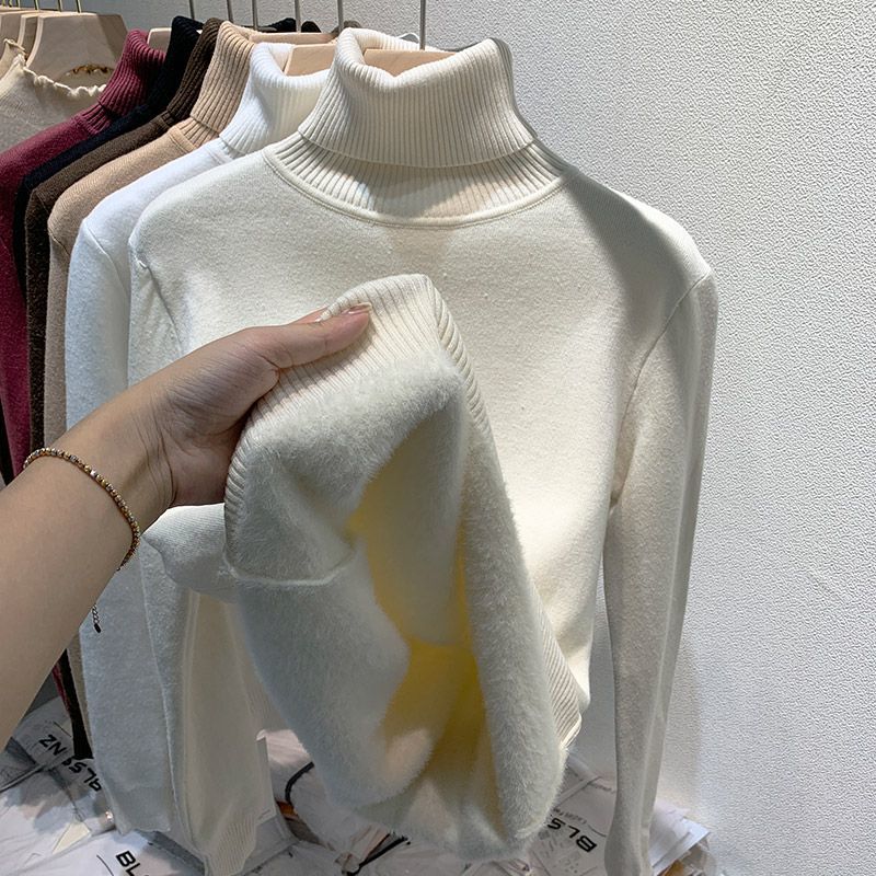 คอเต่า Plush เสื้อกันหนาวขนแกะผู้หญิงฤดูหนาวแฟชั่น Elastic Thicken Pullovers สบายๆ Basic Solid Bottoming เสื้อกันหนาว