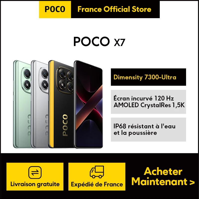 【Marque +】POCO X7 Smartphone Dimensity 7300-Ultra 6.67 "120Hz AMOLED Display 45W 5110mAh 50MP Caméra IP68 Xiaomi HyperOS NFC