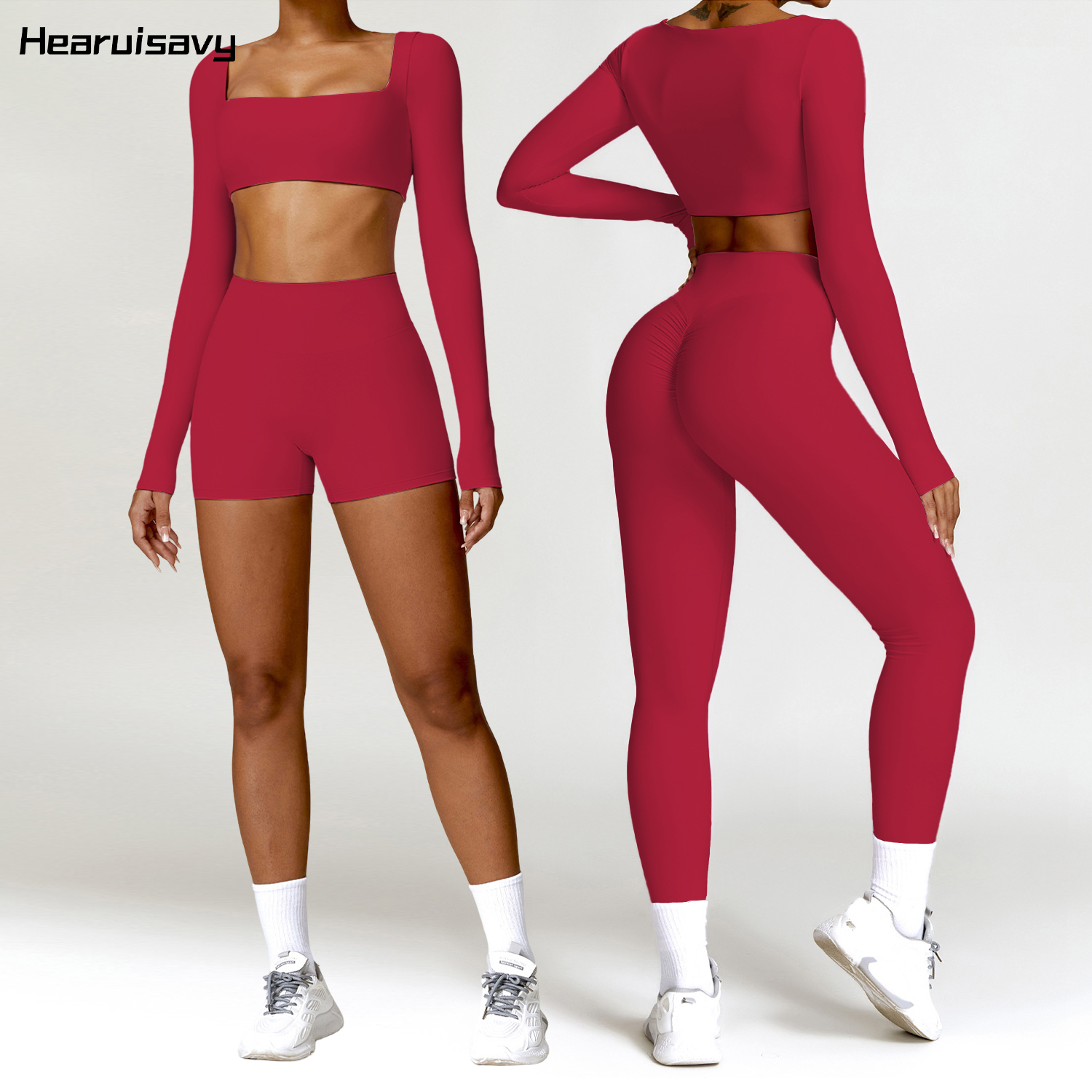 Hearuisavy 2 шт. спортивный комплект с длинными рукавами, женская одежда для йоги, быстросохнущая спортивная одежда, леггинсы для бега, спортивный укороченный топ для тренировок, женский.костюм для фитнеса женский