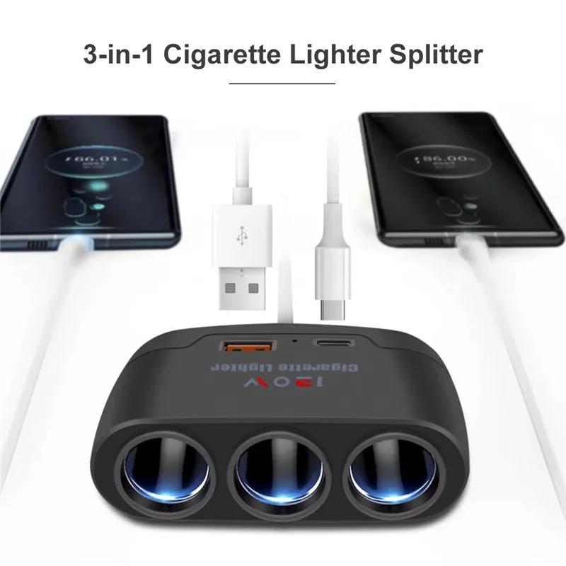 120W Dual USB Socket 3 in 1 Sigarettenaansteker Splitter 12V 24V Snelle Oplader Plug telefoon Power Adapter voor iPhone GPS Dashcam
