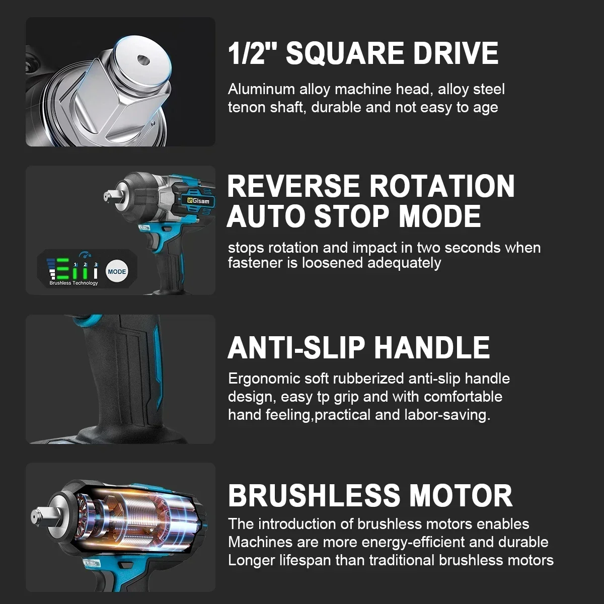 Gisam 2800N.M Brushless Electric Impact Wrench 1/2 Inch Cordless Torque Wrench Screwdriver Power Tool For Makita 18V Battery Pin