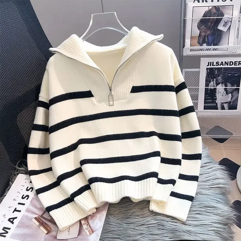 Sweter sweter damski bielizna wiosenno-jesienna 2024, nowy, zapinany na zamek błyskawiczny w paski, krótki styl, popularny sweter damski premium