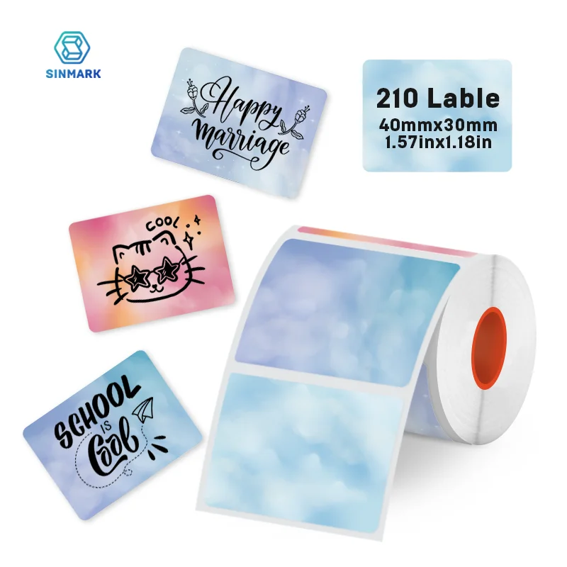 SINMARK étiquettes autocollantes avec motif ciel 4 couleurs 210 pièces/rouleau papier auto-adhésif pour imprimantes thermiques étiquette créative bricolage