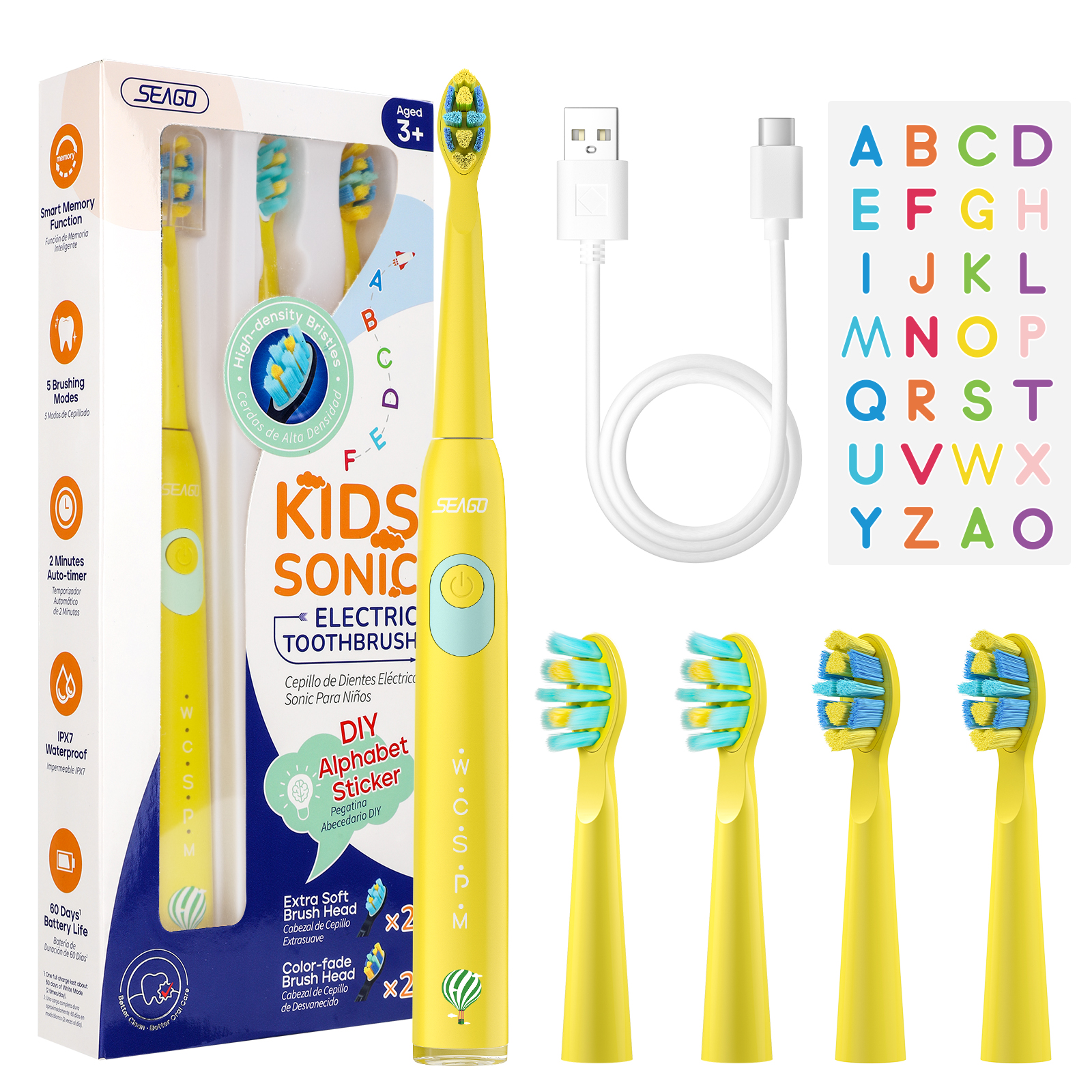 Seago Kinder elektrische Zahnbürste für 6 + Jahre, 5 Modi, wiederaufladbar, IPX7 wasserdicht, Power Sonic Zahnbürste, Ersatzkopf SG-2303