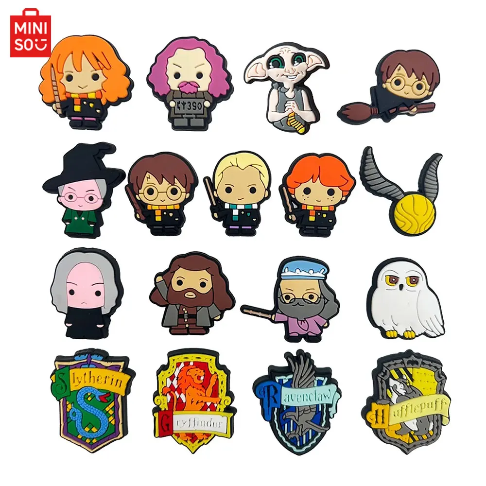 MINISO 17 Uds. Amuletos de zapatos de Harry Potter, accesorios de zapatos de Anime de PVC, sandalias de moda para niños, hebilla de zapato de jardín, hebilla DIY
