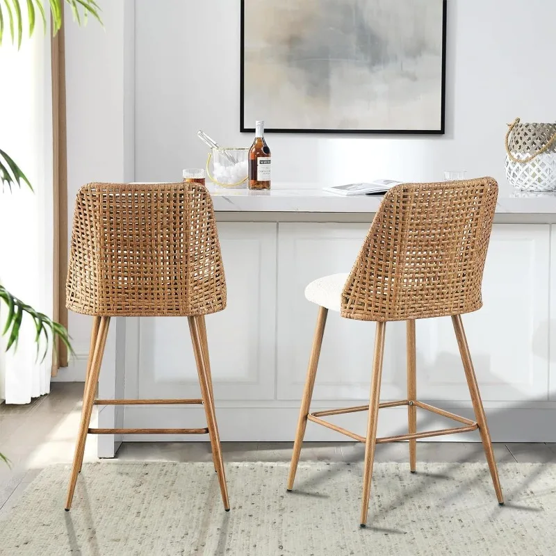 Rattan Counter Height Bar Stools Set of 2, 26" Boucle Fabric Upholstered Barstools with PE Rattan Cane Back, Bar Chairs Counter