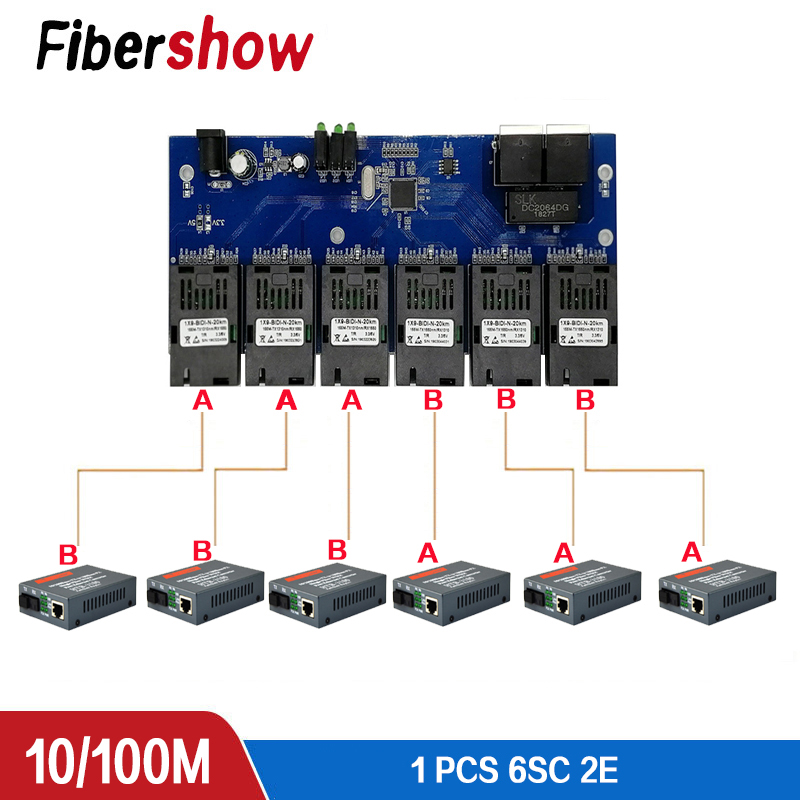 10/100M Fast Ethernet switch Converter 20KM Ethernet Fiber Optical Media Converter Single Mode 2*RJ45 and 6*SC fiber Port PCBA
