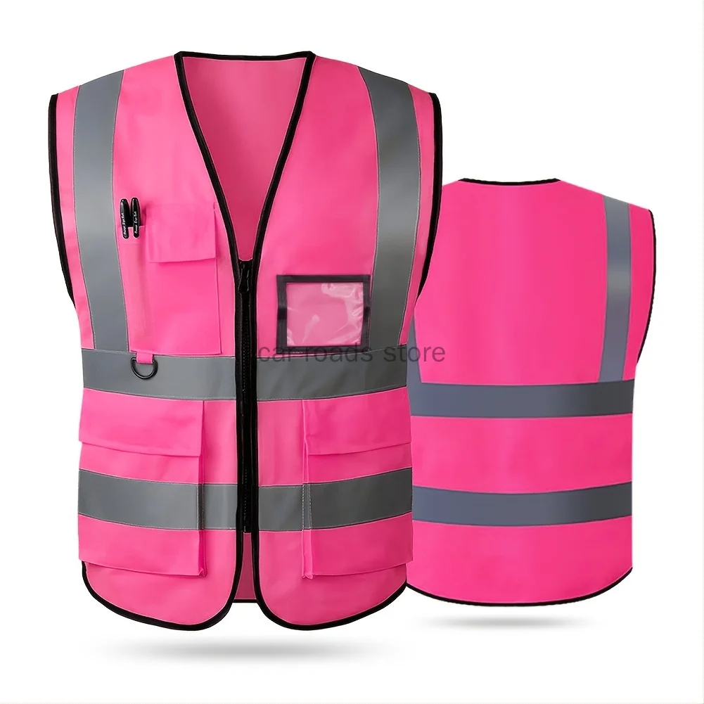 Chaleco de seguridad reflectante rosa para mujer, bolsillo frontal con cremallera, chaleco de seguridad de alta visibilidad que cumple con los estándares ANSI/ISEA
