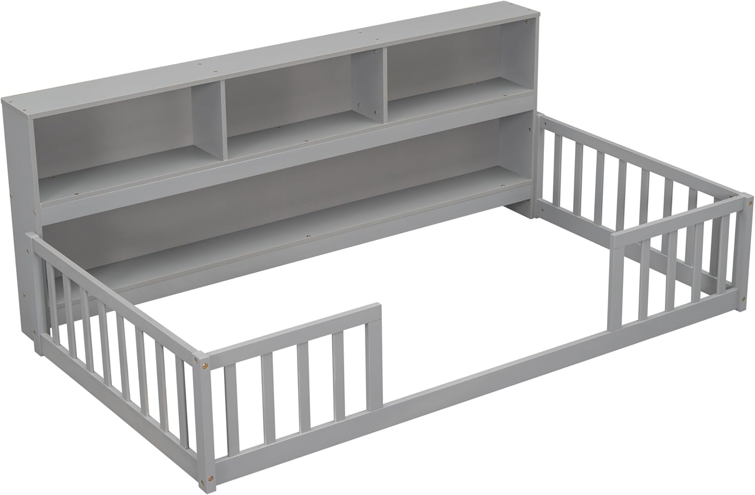 Kids Montessori Floor Bed,Twin Size Floor Bed with Bookcase and Shelves,Twin Bed Frame