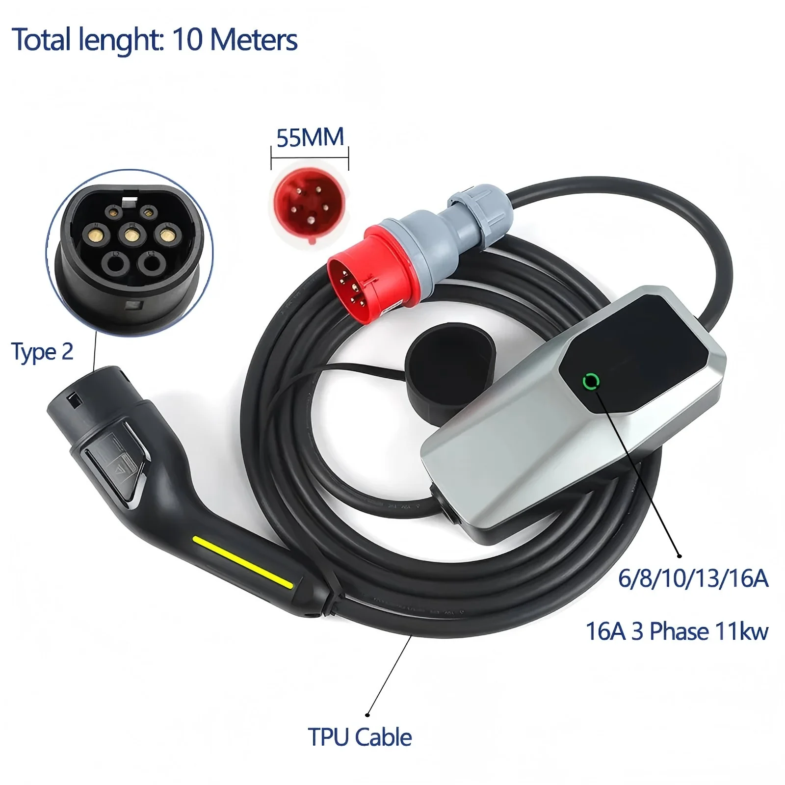Ładowarka EV 11kW 16A 1-fazowa do samochodu elektrycznego 11kW 22kW 6A-16A 4 metry 10 metrów przenośna ładowarka domowa
