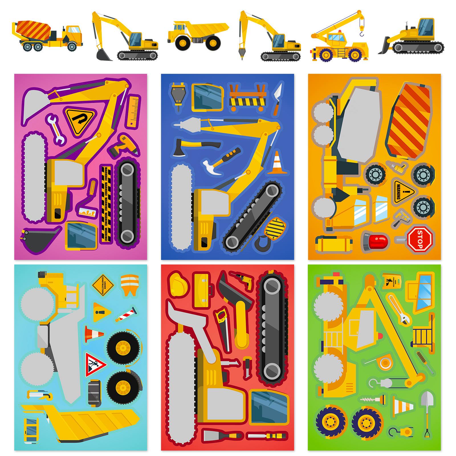 6 시트 어린이 DIY 퍼즐 스티커 게임 6 엔지니어링 트럭 얼굴 만들기 재미 있은 조립 퍼즐 스티커 어린이 교육 완구