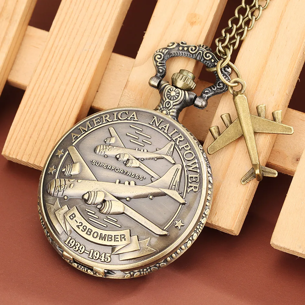 Retro Air Force Kämpfer Taschenuhr Quarz Flugzeug Zubehör Anhänger Uhren mit Halskette Bronze Uhr Geschenk Kämpfer Enthusiasten