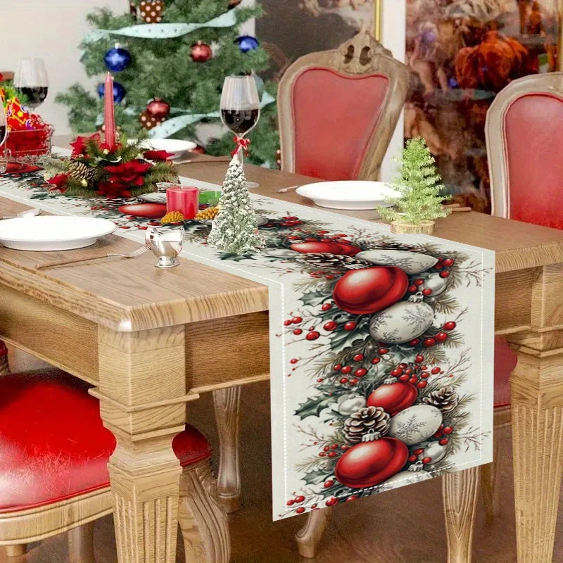 Christmas Balls Pine Cone Red Berry Linen Table Runner for Table Decor Winter Xmas Botanical Table Runners Christmas Decorations