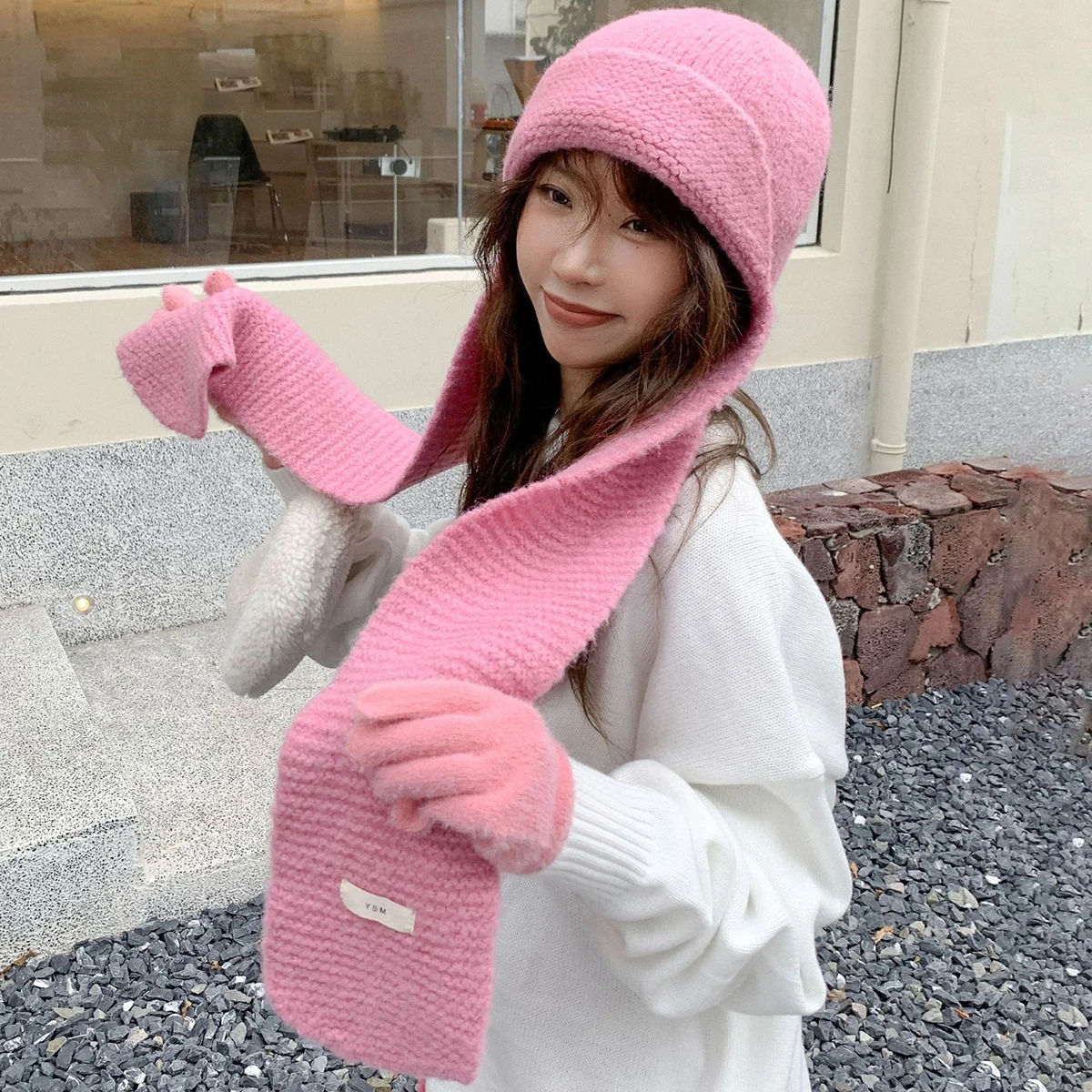 Women Hat Scarf Set Winter WARM Knit Beanies Neck wraps All-in-one cap Solid Black White Pink Purple Beige Knitting Caps Female
