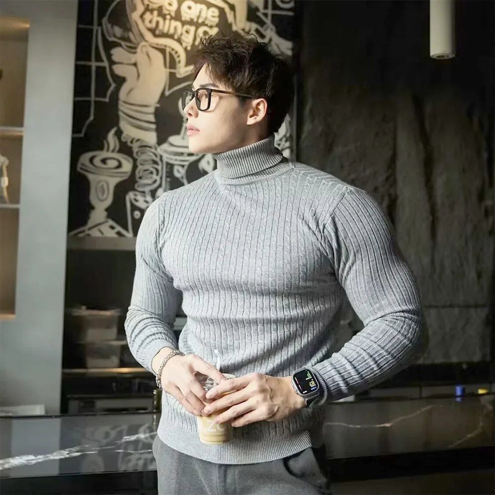 Neue männer Rollkragen Pullover Herbst Gestrickte Gestreifte Streetwear Warme Lange Ärmeln Pullover Einfarbig Grundlegende Stil Casual Tops