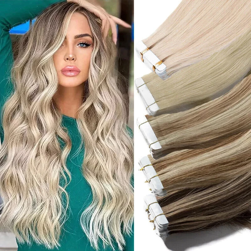 Invisible Seamless Tape In Hair Extensions Real Human Hair Ash Blonde Highlights 16-26 Inch Injection Hair Extensions Tape Ins