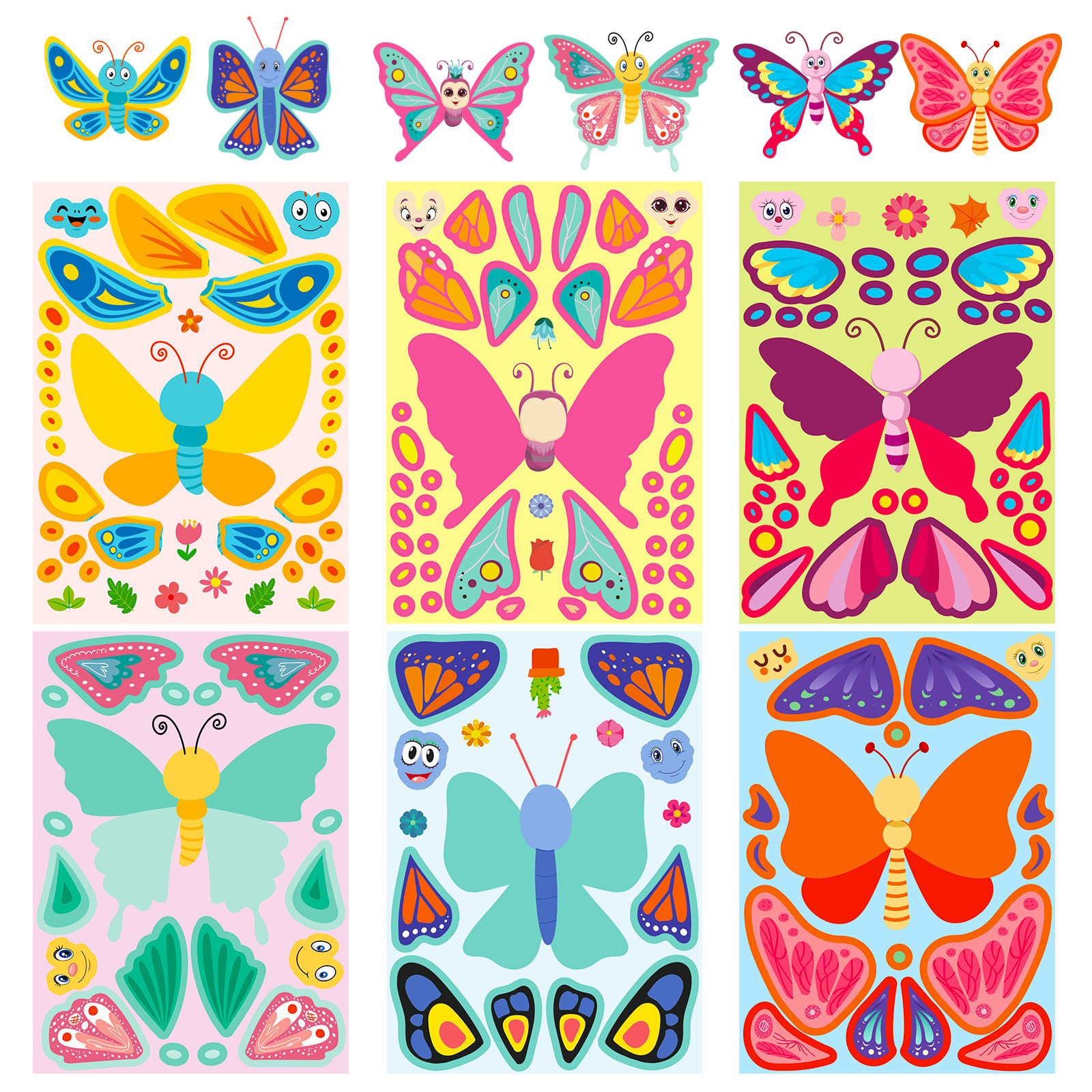 6 枚のかわいい子供 DIY パズルステッカーゲーム 6 蝶顔を作る面白い組み立てるジグソーステッカー子供の知育玩具