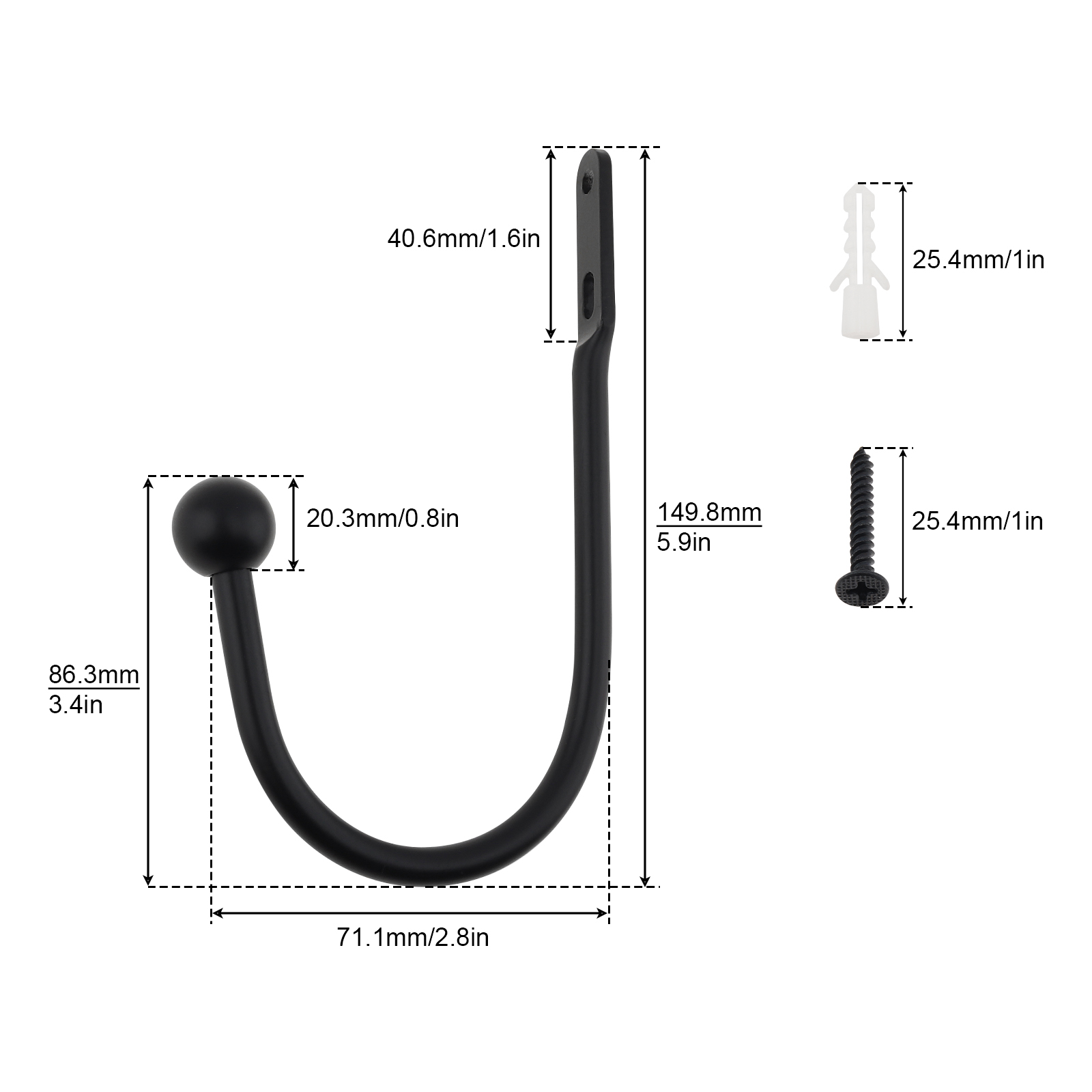 6.3 Inch Made Aluminum Alloy Black Wall Mounted Curtain Hook for Fabric Curtains Heavy Duty Hanging Hook