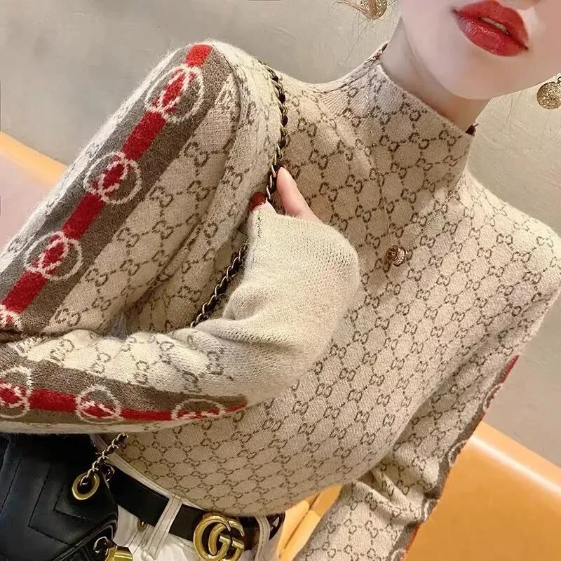 Winter New Chic Y2k Knitted Sweaters Women Clothing Letter Jacquard Half High Collar Pullovers Elastic Slim Wool Knitwear