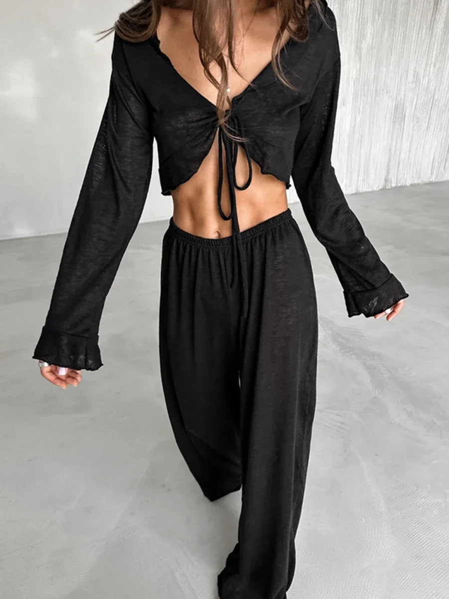 Mozuleva, conjunto de pantalones de manga larga informales sueltos de verano para mujer, ropa de hogar suave y cómoda a la moda, conjunto de pijamas básicos de Color sólido